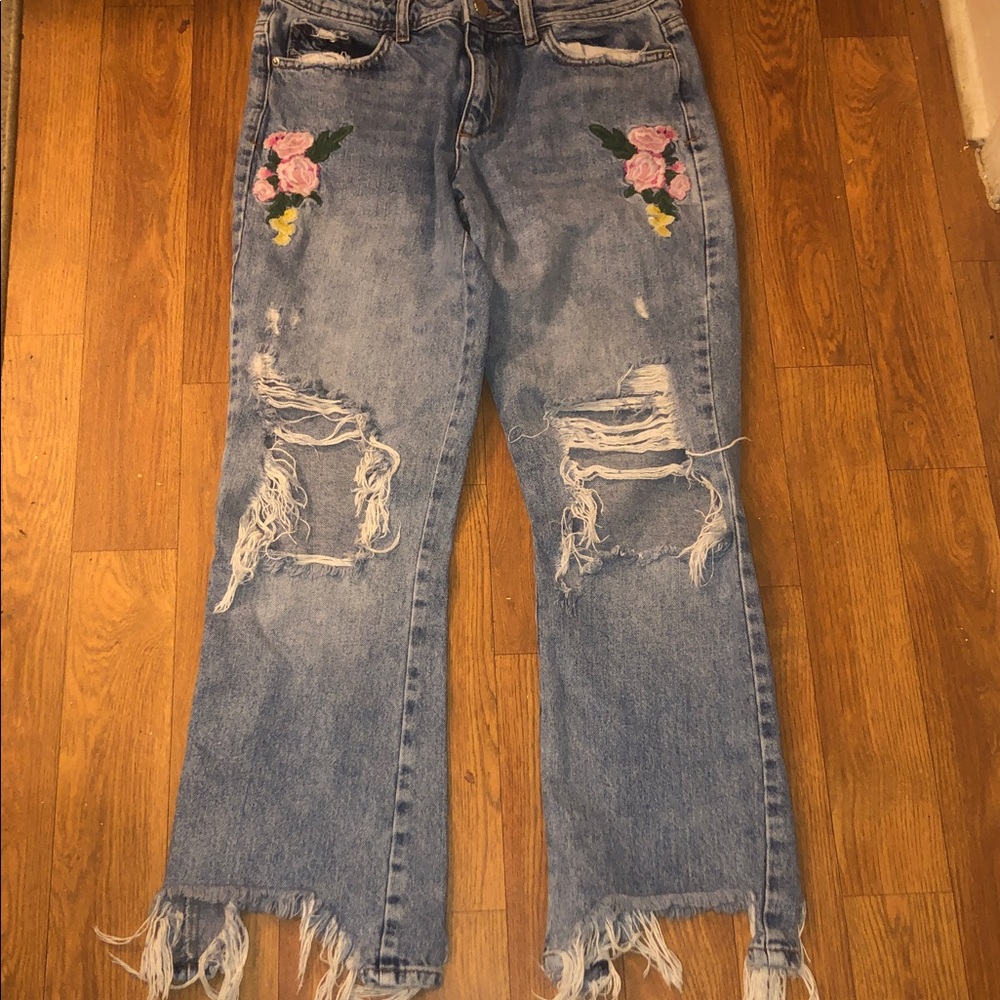 Zara Blue Straight Leg Jeans with Floral Embroidery